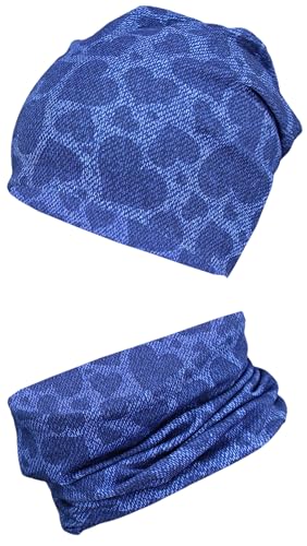 TupTam Mädchen Kinder Beanie Mütze Schlauchschal 2er Set Herbst Winter gefütterte Mütze Übergangsmütze mit Loop, Farbe: Jersey zweilagig - Herzen Dunkelblau, Hat Size: 56 von TupTam