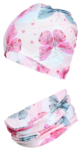 TupTam Mädchen Kinder Beanie Mütze Schlauchschal 2er Set Herbst Winter gefütterte Übergangsmütze mit Loop, Farbe: Jersey zweilagig - Schmetterlinge Rosa Grau, Hat Size: 52 von TupTam