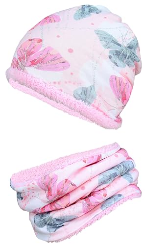 TupTam Mädchen Kinder Beanie Mütze Schlauchschal 2er Set Herbst Winter gefütterte Mütze Übergangsmütze mit Loop, Farbe: Wintermütze Teddyfleece - Schmetterlinge Rosa Grau, Hat Size: 48 von TupTam