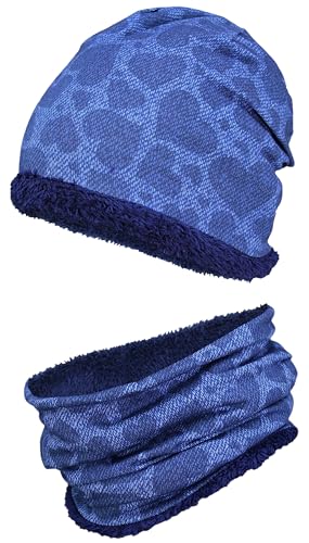 TupTam Mädchen Kinder Beanie Mütze Schlauchschal 2er Set Herbst Winter gefütterte Übergangsmütze mit Loop, Farbe: Wintermütze Teddyfleece - Herzen Dunkelblau, Hat Size: 48 von TupTam