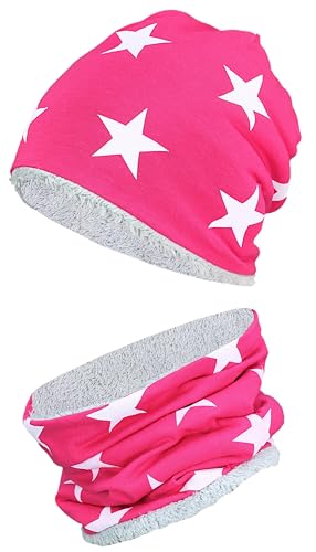 TupTam Mädchen Kinder Beanie Mütze Schlauchschal 2er Set Herbst Winter gefütterte Übergangsmütze mit Loop, Farbe: Wintermütze Teddyfleece - Weiße Sterne Amaranth, Hat Size: 48 von TupTam