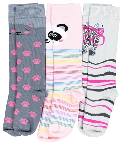 TupTam Mädchen Knielange Socken Gemustert 3er Pack, Farbe: 3er Pack Panda Rosa Katze Grau Zebra Pink, Socken Größe: 23-26 von TupTam