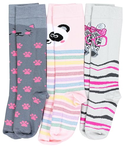 TupTam Mädchen Knielange Socken Gemustert 3er Pack, Farbe: 3er Pack Panda Rosa Katze Grau Zebra Pink, Socken Größe: 31-34 von TupTam