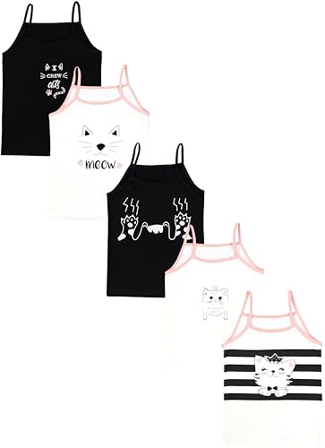 TupTam Mädchen Unterhemd Spaghettiträger Top – Atmungsaktive Unterhemden Mädchen im 5er Pack, Farbe: Katzen Creme Schwarz, Größe: 122-128 von TupTam