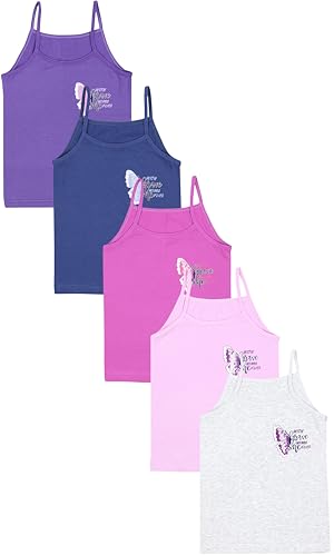 TupTam Mädchen Unterhemd Spaghettiträger Top – Atmungsaktive Unterhemden Mädchen im 5er Pack, Farbe: Schmetterling Rosa Lila Grau Dunkelblau, Größe: 122-128 von TupTam