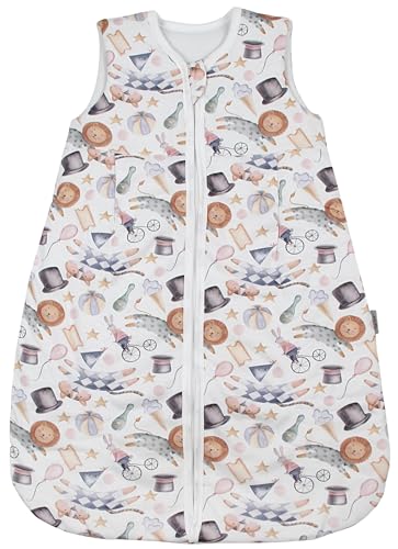 TupTam Schlafsack Baby 2.5 TOG – Atmungsaktiver Ganzjahresschlafsack für Kinder, OEKO-TEX zertifiziert, Farbe: Jahrmarkt Tiere Löwe Hase Pastellezeichnung, Größe: 104-110 von TupTam