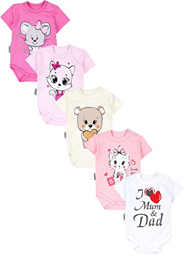 TupTam Unisex Baby Kurzarm Body mit Aufdruck Spruch 5er Pack, Farbe: I love Mum Dad Weiß Katze Maus Rosa Bär Ecru, Größe: 104 von TupTam