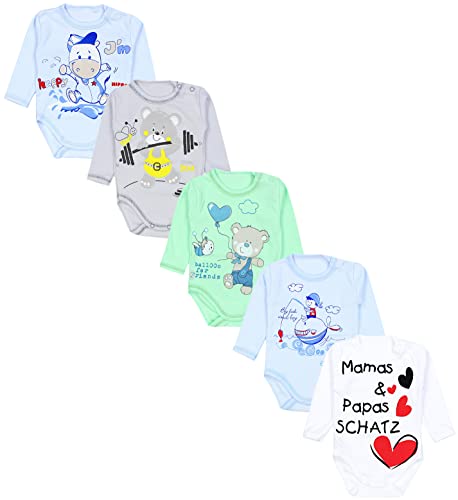 TupTam Unisex Baby Langarm-Body mit Aufdruck 5er Set, Farbe: Mamas Papas Schatz Weiß Bärchen Blau Grün, Größe: 68 von TupTam