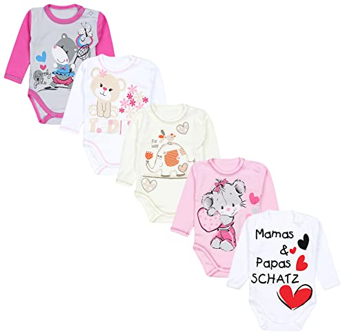 TupTam Unisex Baby Langarm-Body mit Aufdruck 5er Set, Farbe: Mamas Papas Schatz Weiß Elefant Ecru Teddy Maus Rosa, Größe: 104 von TupTam