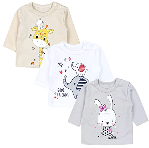 TupTam Unisex Baby Langarmshirt mit Spruch Aufdruck 3er Set, Farbe: Kaninchen Grau Giraffe Beige Elefant Weiß, Größe: 62 von TupTam