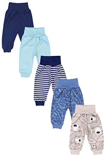 TupTam Unisex Baby Pumphose 5er Pack aus Oeko-Tex zertifizierten Materialien Langhose Unisex, Farbe: Dunkelblau Grün Dino Jeansblau Streifen Grau, Größe: 56 von TupTam