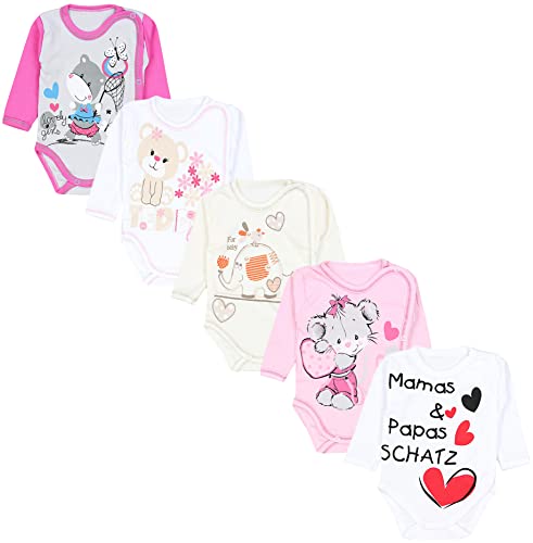 TupTam Unisex Baby Wickelbody mit Aufdruck 5er Set, Farbe: Mamas Papas Schatz Weiß Elefant Ecru Teddy Maus Rosa, Größe: 56 von TupTam