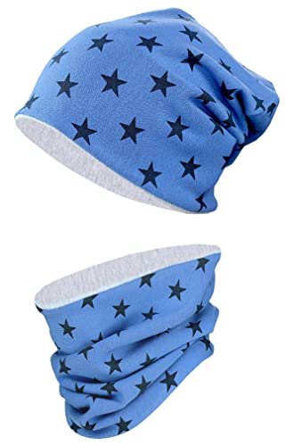 TupTam Mütze Kinder & Schlauchschal Set – Beanie Kinder für Herbst & Winter, Warme Mütze Jungen & Mädchen Oeko-TEX, Farbe: Graue Sterne/Jeans, Größe: 54-56 von TupTam