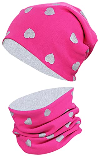 TupTam Mütze Kinder & Schlauchschal Set – Beanie Kinder für Herbst & Winter, Warme Mütze Jungen & Mädchen Oeko-TEX, Farbe: Herzen Glitzer Grau/Amaranth Grau Meliert, Größe: 52-54 von TupTam