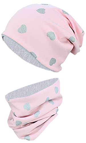 TupTam Unisex Kinder Beanie Mütze Schlauchschal Set, Farbe: Herzen Glitzer Grau/Pudderrosa Grau Meliert, Größe: 52-54 von TupTam