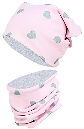 TupTam Unisex Kinder Beanie Mütze Schlauchschal Set, Farbe: Herzen Glitzer Grau/Rosa Grau Meliert, Größe: 52-54 von TupTam