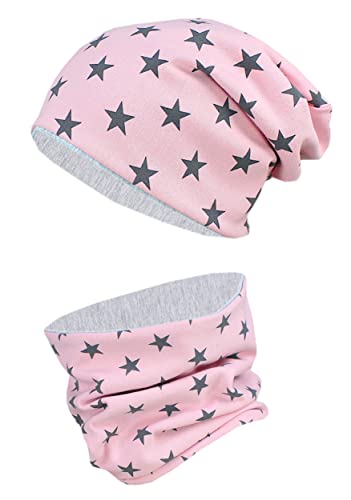 TupTam Mütze Kinder & Schlauchschal Set – Beanie Kinder für Herbst & Winter, Warme Mütze Jungen & Mädchen Oeko-TEX, Farbe: Sterne Graphit/Altrosa, Größe: 56-58 von TupTam