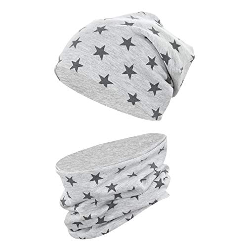 TupTam Mütze Kinder & Schlauchschal Set – Beanie Kinder für Herbst & Winter, Warme Mütze Jungen & Mädchen Oeko-TEX, Farbe: Sterne Graphit/Grau Meliert, Größe: 56-58 von TupTam