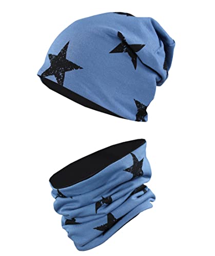 TupTam Mütze Kinder & Schlauchschal Set – Beanie Kinder für Herbst & Winter, Warme Mütze Jungen & Mädchen Oeko-TEX, Farbe: Sterne Schwarz/Jeans, Größe: 52-54 von TupTam