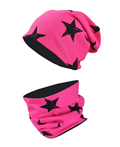 TupTam Unisex Kinder Beanie Mütze Schlauchschal Set, Farbe: Sterne Schwarz/Pink, Größe: 54-56 von TupTam