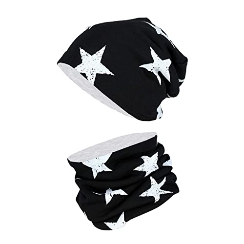 TupTam Unisex Kinder Beanie Mütze Schlauchschal Set, Farbe: Sterne Weiß/Schwarz, Größe: 50-52 von TupTam