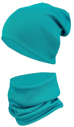 TupTam Kinder Mütze/Beanie und Schlauch Schal Set aus Jersey und Rippstoff, Farbe: Rippstoff Dunkeltürkis, Größe: 44-52 von TupTam