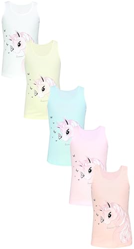TupTam Unterhemden Mädchen Baumwoll Unterhemd 5er Pack Tank Top Ärmellos Kinder, Farbe: Einhorn Schmetterlinge Rosa Grau Gelb, Größe: 122-128 von TupTam