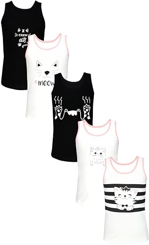 TupTam Unterhemden Mädchen Baumwoll Unterhemd 5er Pack Tank Top Ärmellos Kinder, Farbe: Katzen Creme Schwarz, Größe: 122-128 von TupTam