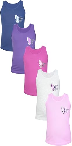 TupTam Unterhemden Mädchen Baumwoll Unterhemd 5er Pack Tank Top Ärmellos Kinder, Farbe: Schmetterling Rosa Lila Grau Dunkelblau, Größe: 122-128 von TupTam