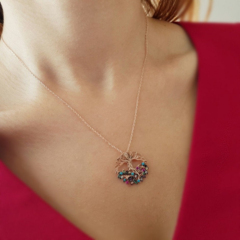 Baum Des Lebens 925K Sterling Silber Rose Gold Filled Bunte Zirkon Steine Frauen Halskette Anhänger Schmuck, Muttertag Geschenk, Valentinstag von TurQayGiftStore