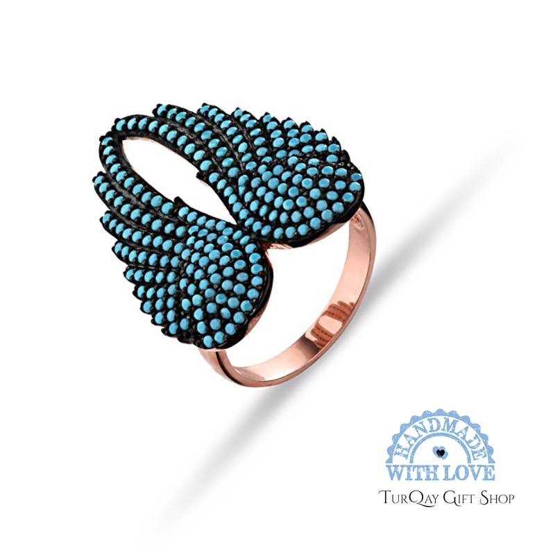 Engelsflügel Türkis Blau Oder Onyx Schwarzer Stein Rose Vergoldet 925K Sterling Silber Bemerkenswerte Frauen Ring Schmuck von TurQayGiftStore