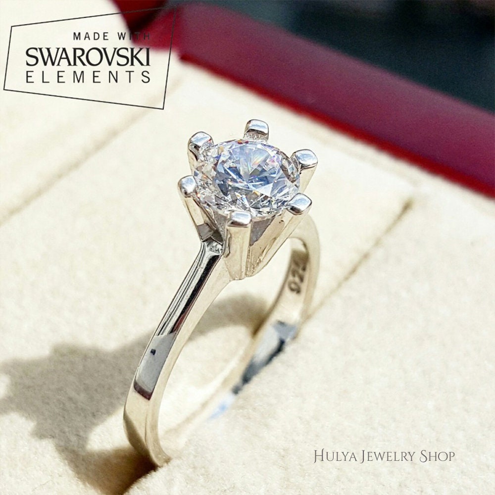 Swarovski 7mm Certificated Stone 925K Sterling Silber Solitiare Hochzeit Braut Diamant Design Schmuck Frau Ring von TurQayGiftStore