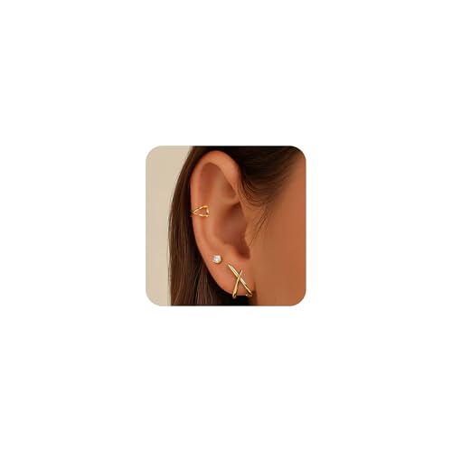 Turandoss 3 Paar Ohrringe Gold für Damen, 18k Vergoldetes Hypoallergene Piercing Ohr Ohrstecker Gold Medizinische Ohrstecker Ear Cuff Tragus Conch Rook Daith Helix Piercing Schmuck von Turandoss