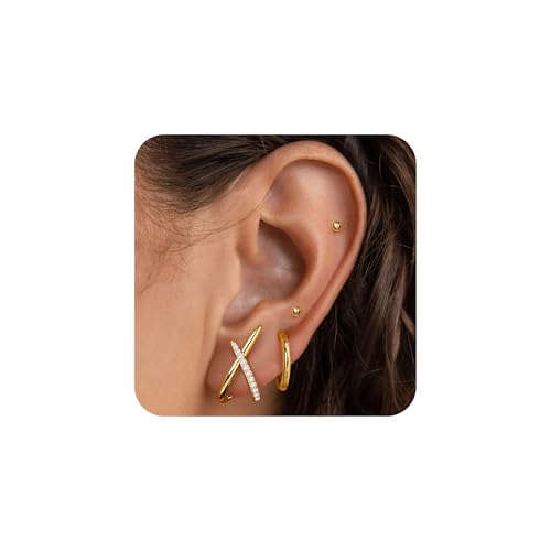 Turandoss 4 Paar Ohrringe Gold für Damen, 18k Vergoldetes Hypoallergene Piercing Ohr Helix Piercings Medizinische Ohrstecker Creolen Tragus Conch Rook Daith Piercing Schmuck für Mehrere Piercings von Turandoss
