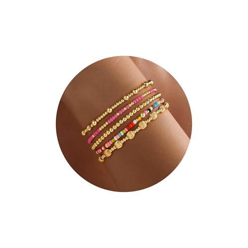 Turandoss 5 Stück Armbänder Damen Gold - 14K Vergoldetes Stack Set Dehnbares Elastisches Perlenarmband Bunte Perlen Verstellbare BoHo Armband Damen Schmuck Set für Mädche von Turandoss
