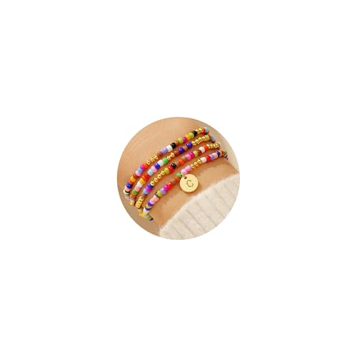Turandoss Bunte Perlen Armband Kinder Mädchen, 4 Stück Handgefertigt Bunt Perlen Armband mit Buchstaben C Perlenarmband Damen Stapelbare Boho Armbander Set Geschenke für Frauen Teenager Freundin von Turandoss