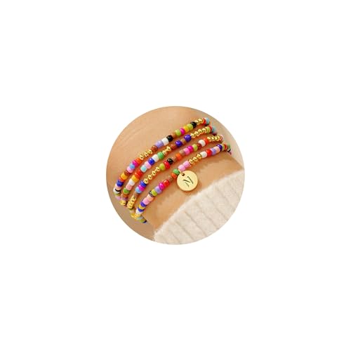 Turandoss Bunte Perlen Armband Kinder Mädchen, 4 Stück Handgefertigt Bunt Perlen Armband mit Buchstaben N Perlenarmband Damen Stapelbare Boho Armbander Set Geschenke für Frauen Teenager Freundin von Turandoss