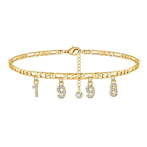 Turandoss Geburtsjahrszahlen-Fußkettchen, 14 Karat Gold gefüllt, zierliches Zirkonia-Datum, personalisierbar, Geburtsjahr, Fußkettchen, Armbänder für Frauen, Strand, Fußschmuck, Metall von Turandoss