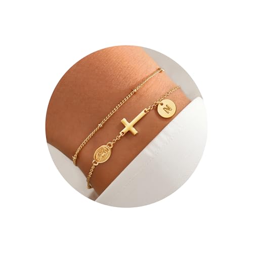Turandoss Gold Armband Buchstaben Damen - 14K Gold Vergoldet Personalisierte Kreuz Buchstaben Armband Scheiben mit Namen Armbänder N, Kommunion Geschenke für Frauen Teenager Mädchen Schmuck Damen von Turandoss