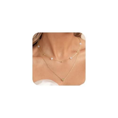 Turandoss Perlenkette Damen Halskette Gold Herzkette - 14K Vergoldetes Mehrreihige Halskette Perlen Kette Choker Kette Goldkette Damen, Schmuck Geschenke für Mädchen Frauen Freundin Hochzeit Braut von Turandoss