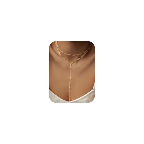 Turandoss lange Gold Halskette Damen – Zierliche 14K vergoldete Y-förmige Lasso-Halskette, modische Perlenkette, zierliche mehrreihige Büroklammerkette für Damen, trendiger Schmuck von Turandoss
