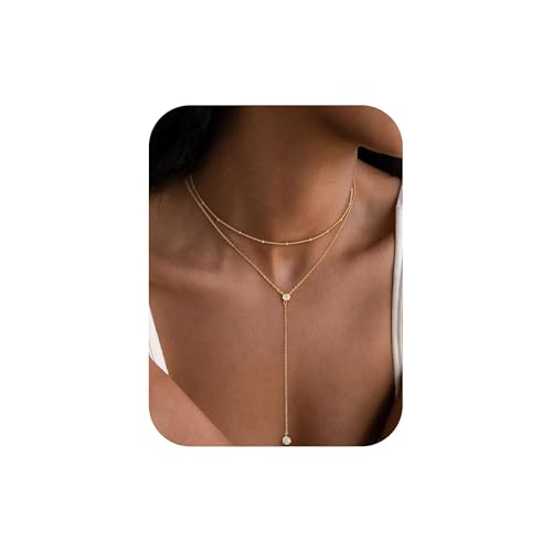 Turandoss Mehrreihige Halskette Damen – Zierliche 14K Vergoldete Lasso-Y-Halskette Mehrreihige Halsketten mit Zirkonia für Damen Trendiger Schmuck Gold von Turandoss