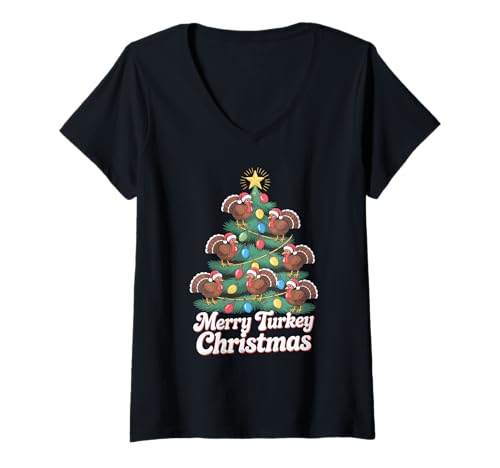 Damen Truthahn-Weihnachtsbaum T-Shirt mit V-Ausschnitt Damen Truthahn-Weihnachtsbaum T-Shirt mit V-Ausschnitt von Turkey Christmas Tree Tees