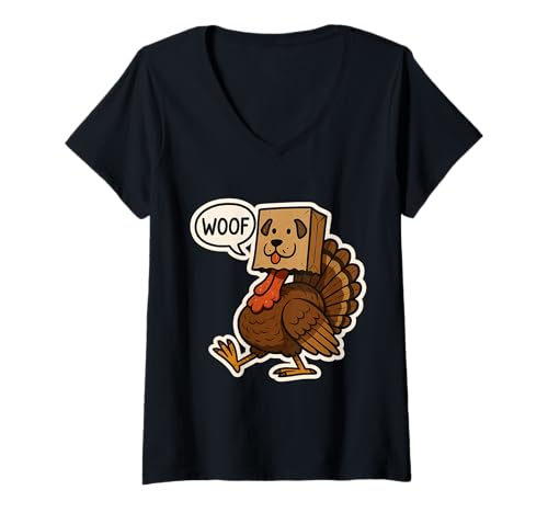 Damen Truthahn getarnt als Hund Woof Lustiger Thanksgiving Besitzer Liebhaber T-Shirt mit V-Ausschnitt Damen Truthahn getarnt als Hund Woof Lustiger Thanksgiving Besitzer Liebhaber T-Shirt mit V-Ausschnitt von Turkey Disguised Dog Woof Thanksgiving Products
