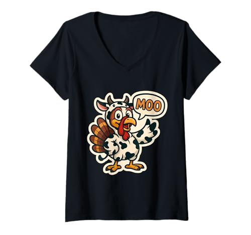 Damen Türkei Verkleidet als Kuh Kostüm Moo Lustiger Thanksgiving Witz T-Shirt mit V-Ausschnitt Damen Türkei Verkleidet als Kuh Kostüm Moo Lustiger Thanksgiving Witz T-Shirt mit V-Ausschnitt von Turkey Dressed As Cow Moo Thanksgiving Products