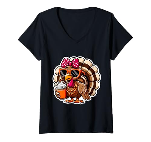Damen Truthahn Trinkkürbis Gewürz Kaffee Schleife Thanksgiving Damen T-Shirt mit V-Ausschnitt von Turkey Drinking Coffee Thanksgiving Products