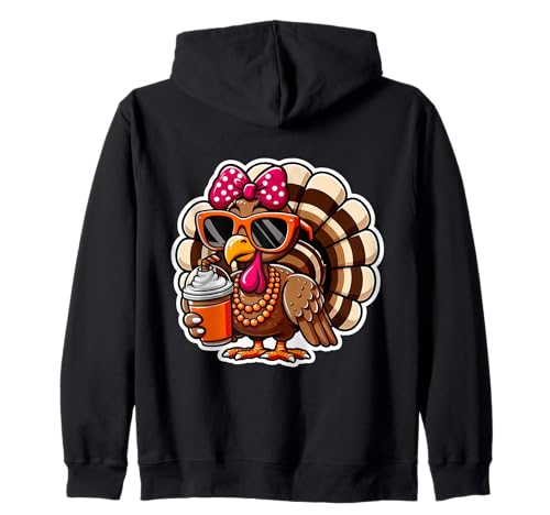 Truthahn Trinkkürbis Gewürz Kaffee Schleife Thanksgiving Damen Kapuzenjacke von Turkey Drinking Coffee Thanksgiving Products