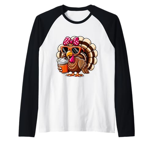 Truthahn Trinkkürbis Gewürz Kaffee Schleife Thanksgiving Damen Raglan von Turkey Drinking Coffee Thanksgiving Products