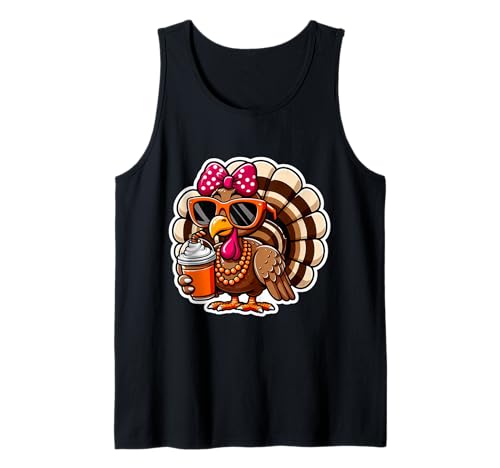 Truthahn Trinkkürbis Gewürz Kaffee Schleife Thanksgiving Damen Tank Top von Turkey Drinking Coffee Thanksgiving Products