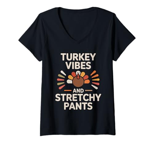 Damen Truthahn-Vibes und dehnbare Hosen Vintage Truthähne T-Shirt mit V-Ausschnitt Damen Truthahn-Vibes und dehnbare Hosen Vintage Truthähne T-Shirt mit V-Ausschnitt von Turkey Hunter Bird Thanksgiving Turkey Hunting